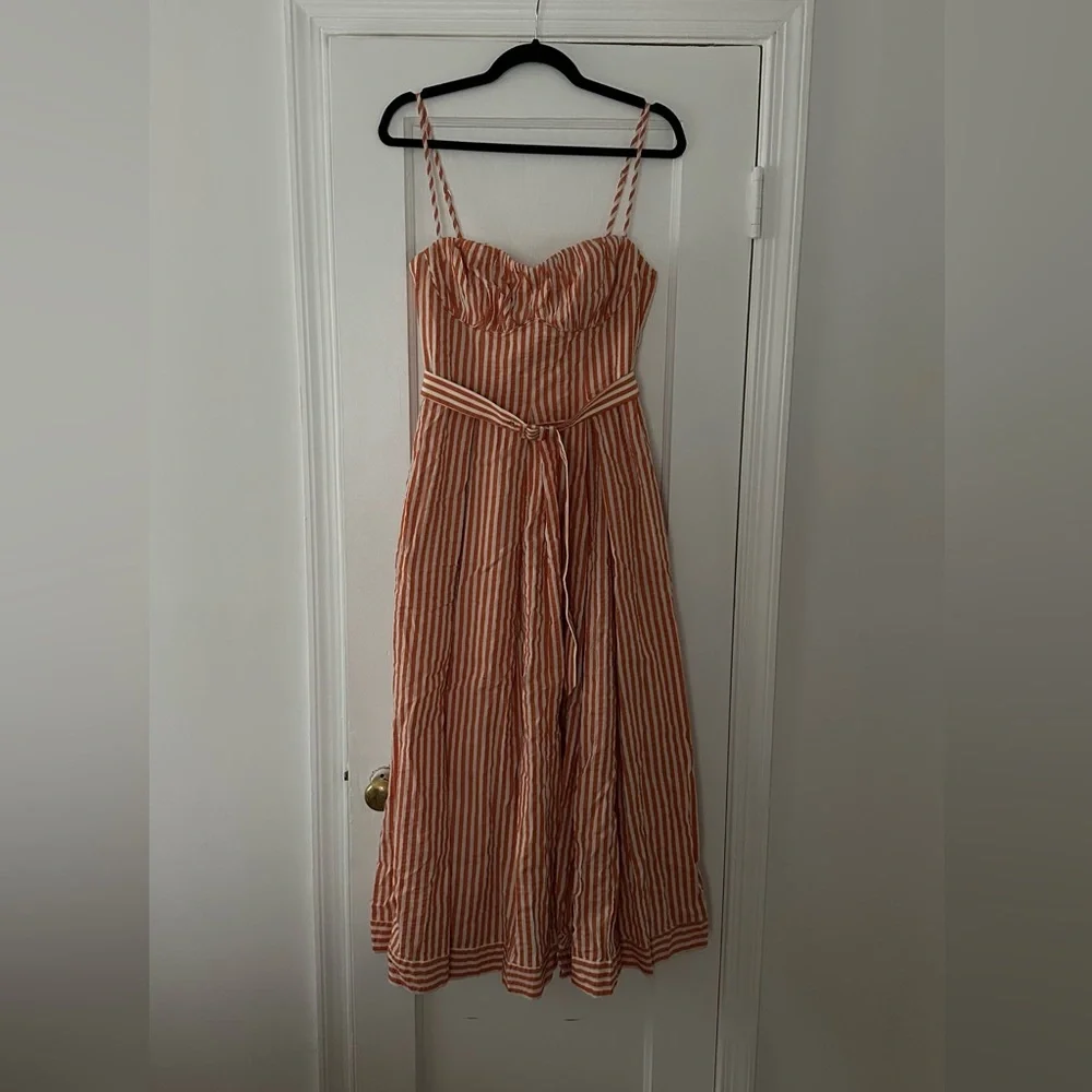 NWT Shona Joy “Hele Ruched Panelled Midi Dress - Coconut & Tangerine - Sz. 6 - Picture 4 of 7